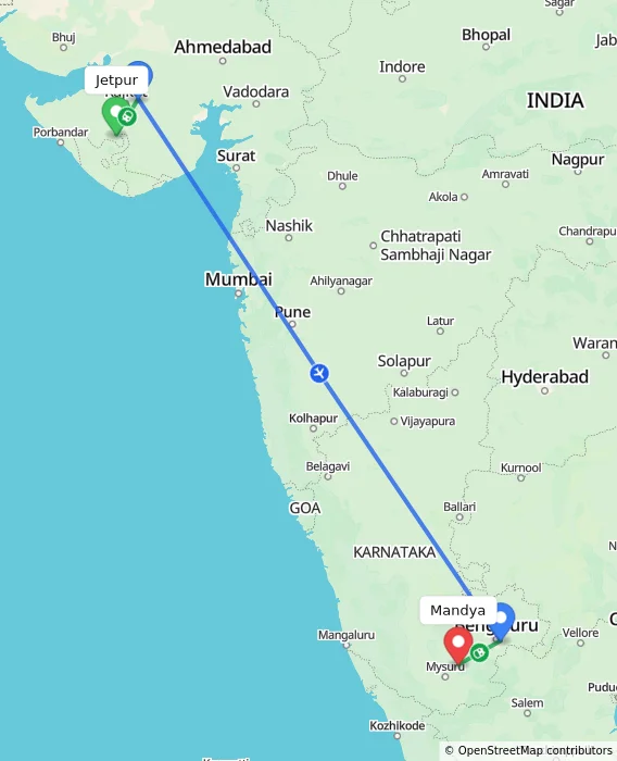 Route map showing distance and travel time from Jetpur, India to Mandya, India