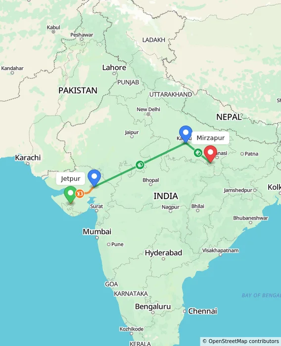 Route map showing distance and travel time from Jetpur, India to Mirzapur, India