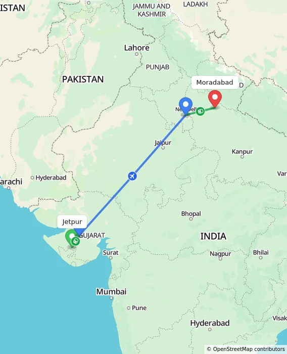 Route map showing distance and travel time from Jetpur, India to Moradabad, India