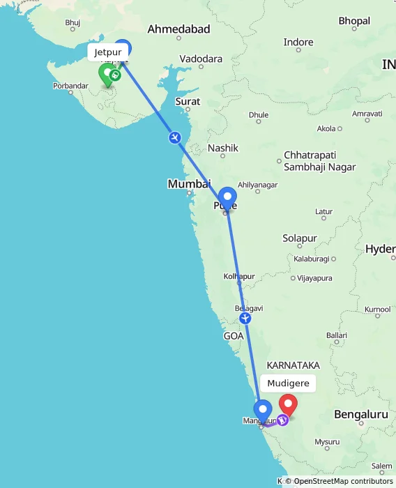 Route map showing distance and travel time from Jetpur, India to Mudigere, India