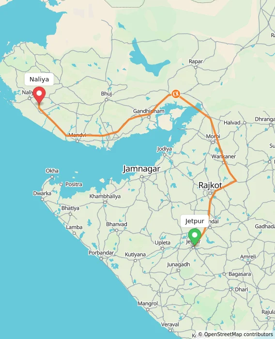 Route map showing distance and travel time from Jetpur, India to Naliya, India