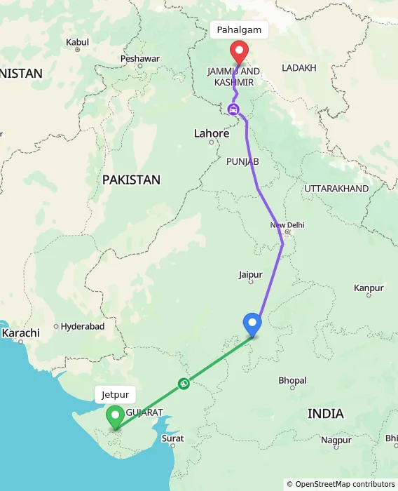 Route map showing distance and travel time from Jetpur, India to Pahalgam, India