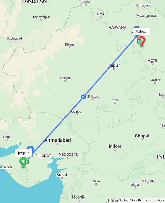Route map showing distance and travel time from Jetpur, India to Palwal, India