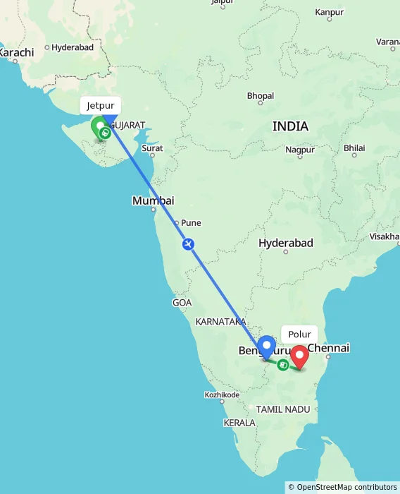 Route map showing distance and travel time from Jetpur, India to Polur, India