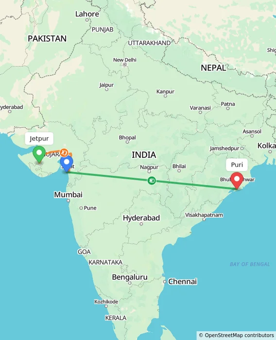 Route map showing distance and travel time from Jetpur, India to Puri, India