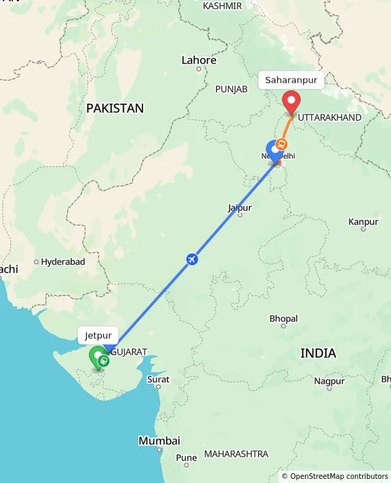 Route map showing distance and travel time from Jetpur, India to Saharanpur, India