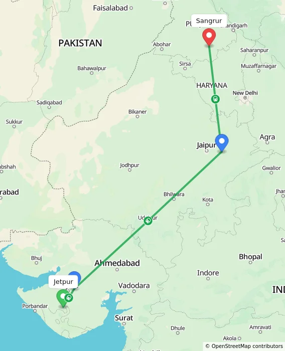 Route map showing distance and travel time from Jetpur, India to Sangrur, India