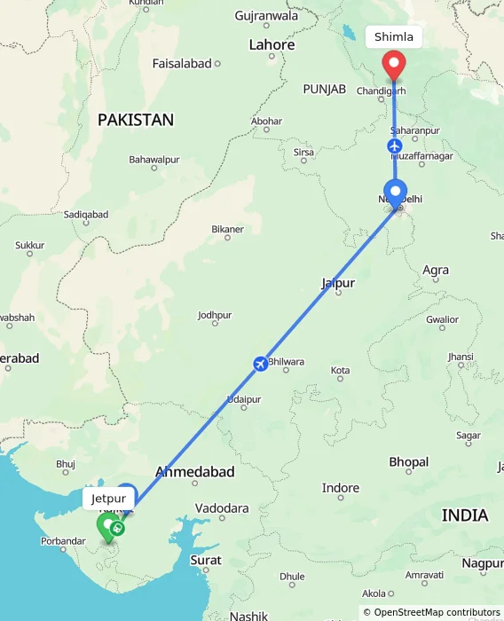 Route map showing distance and travel time from Jetpur, India to Shimla, India