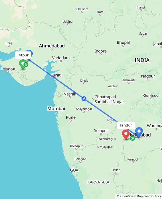 Route map showing distance and travel time from Jetpur, India to Tandur, India