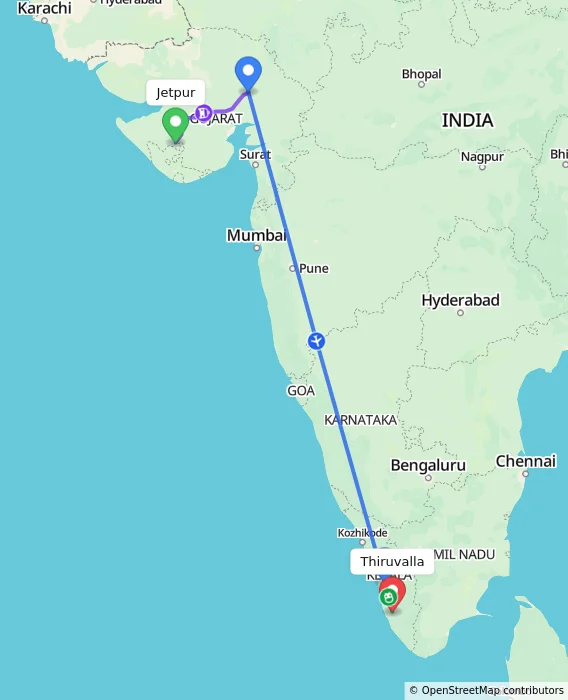 Route map showing distance and travel time from Jetpur, India to Thiruvalla, India