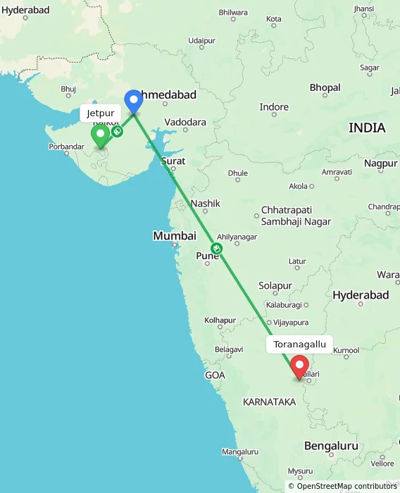 Route map showing distance and travel time from Jetpur, India to Toranagallu, India