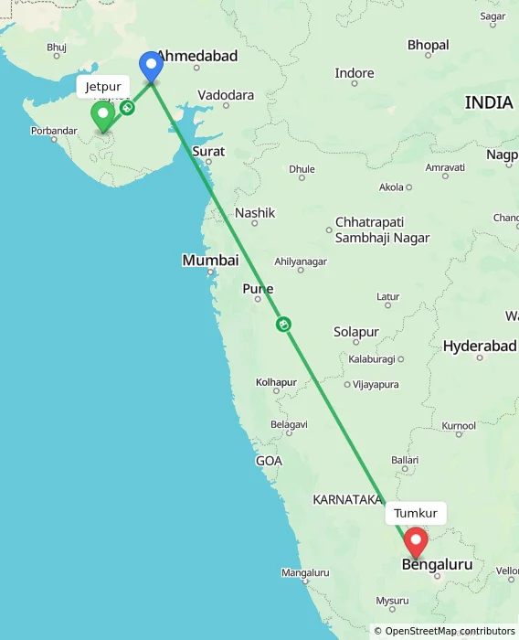 Route map showing distance and travel time from Jetpur, India to Tumkur, India