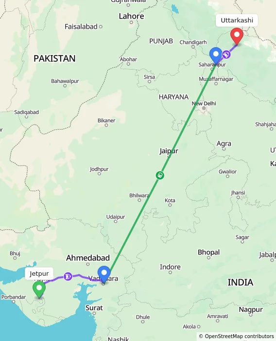 Route map showing distance and travel time from Jetpur, India to Uttarkashi, India