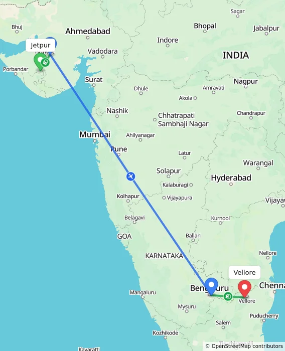 Route map showing distance and travel time from Jetpur, India to Vellore, India