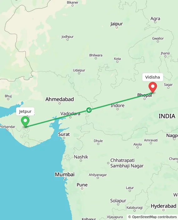 Route map showing distance and travel time from Jetpur, India to Vidisha, India