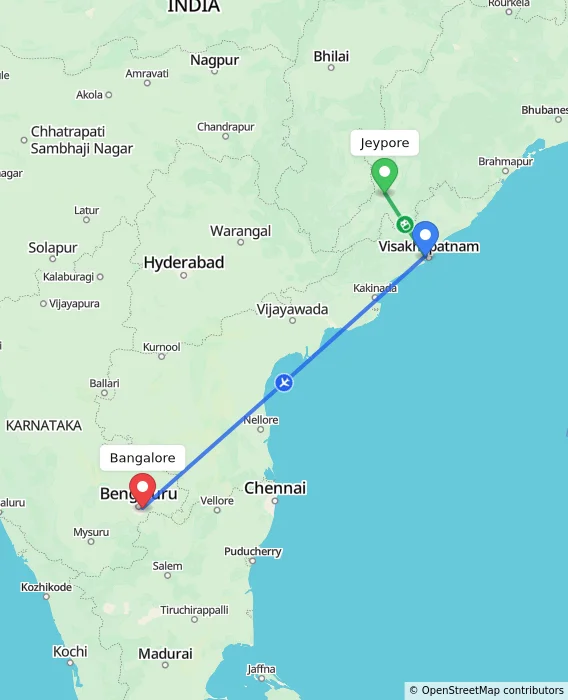 Route map showing distance and travel time from Jeypore, India to Bangalore, India
