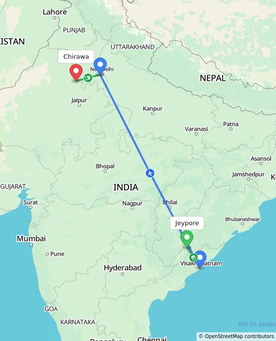 Route map showing distance and travel time from Jeypore, India to Chirawa, India