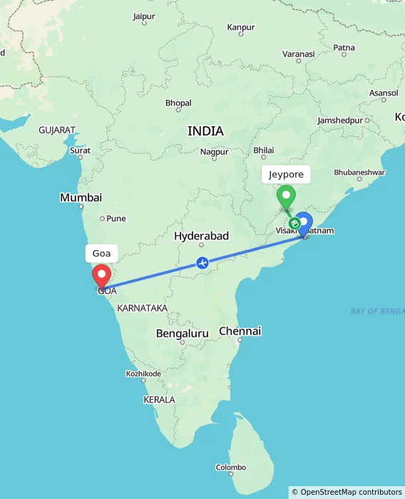 Route map showing distance and travel time from Jeypore, India to Goa, India