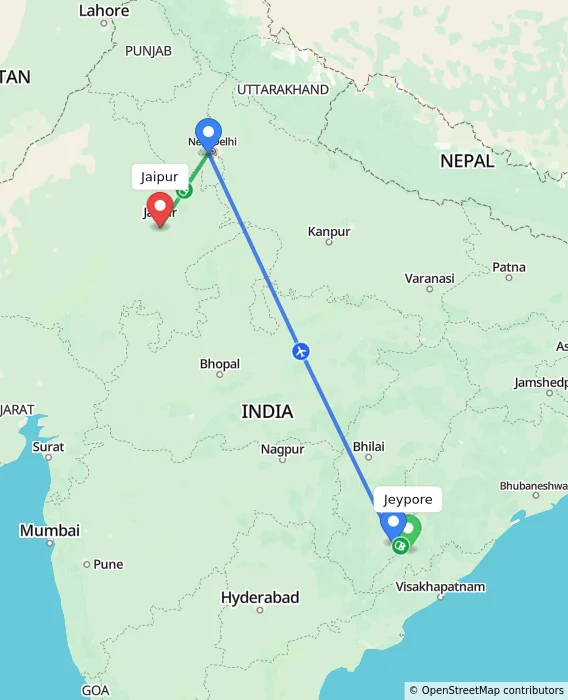 Route map showing distance and travel time from Jeypore, India to Jaipur, India