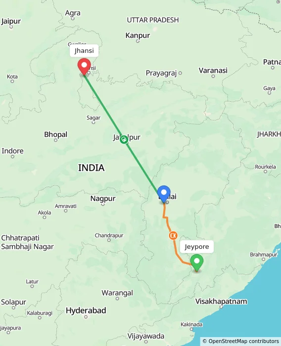 Route map showing distance and travel time from Jeypore, India to Jhansi, India