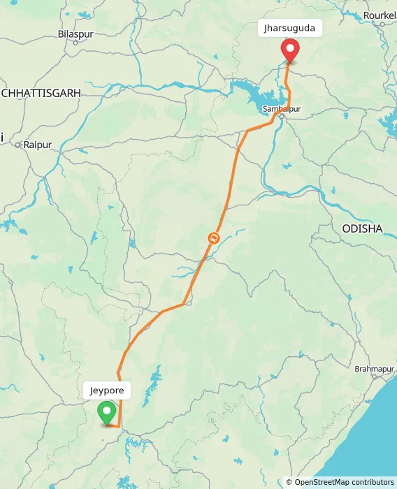 Route map showing distance and travel time from Jeypore, India to Jharsuguda, India