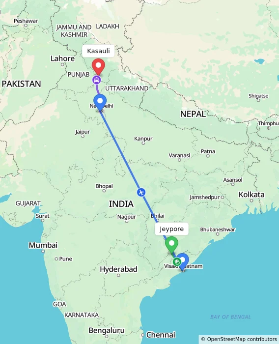 Route map showing distance and travel time from Jeypore, India to Kasauli, India