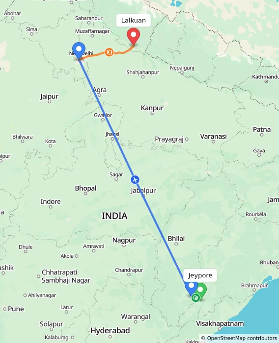 Route map showing distance and travel time from Jeypore, India to Lalkuan, India