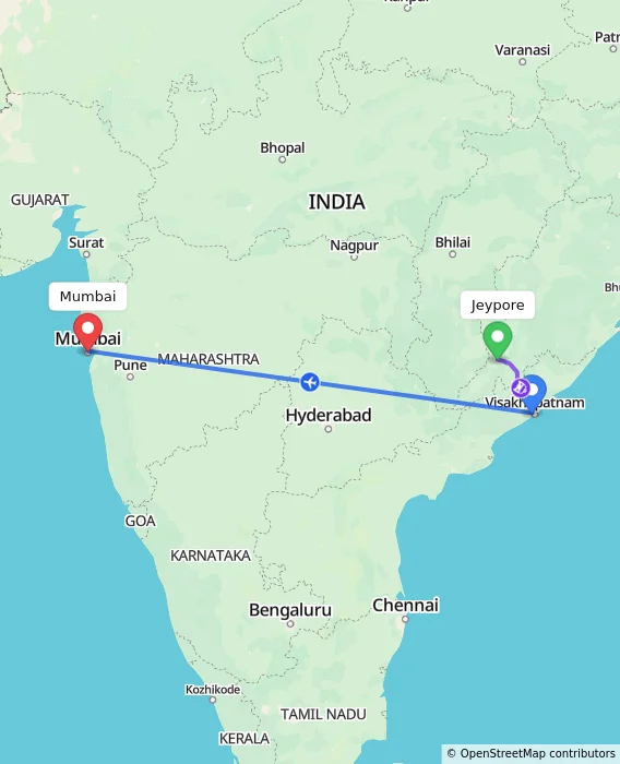 Route map showing distance and travel time from Jeypore, India to Mumbai, India