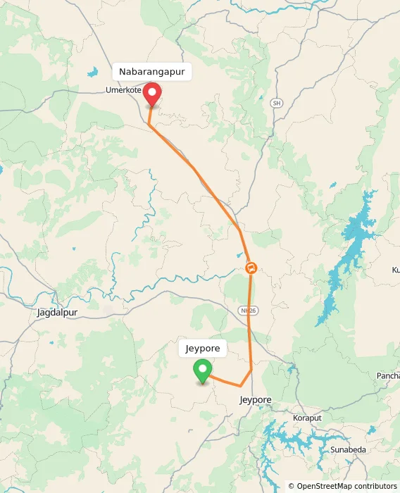 Route map showing distance and travel time from Jeypore, India to Nabarangapur, India