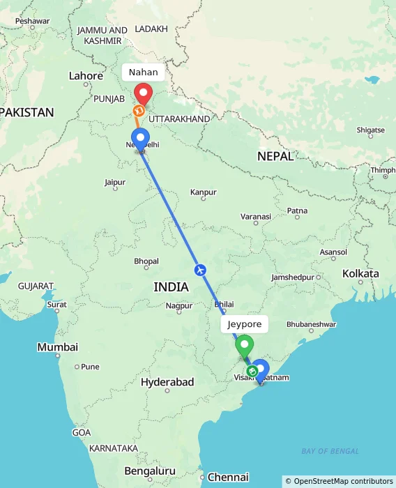 Route map showing distance and travel time from Jeypore, India to Nahan, India