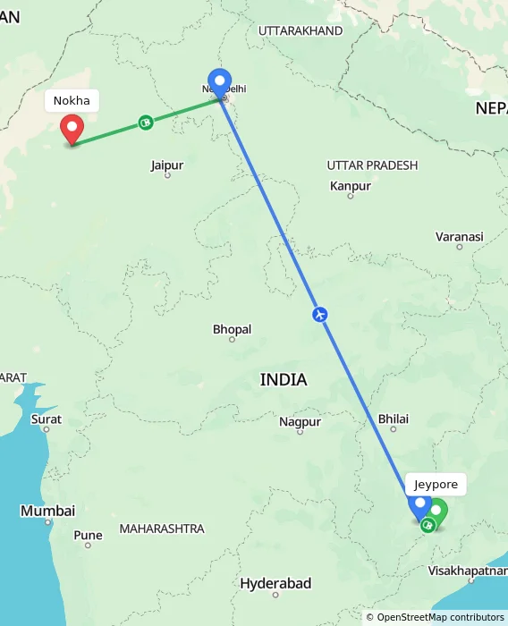 Route map showing distance and travel time from Jeypore, India to Nokha, India
