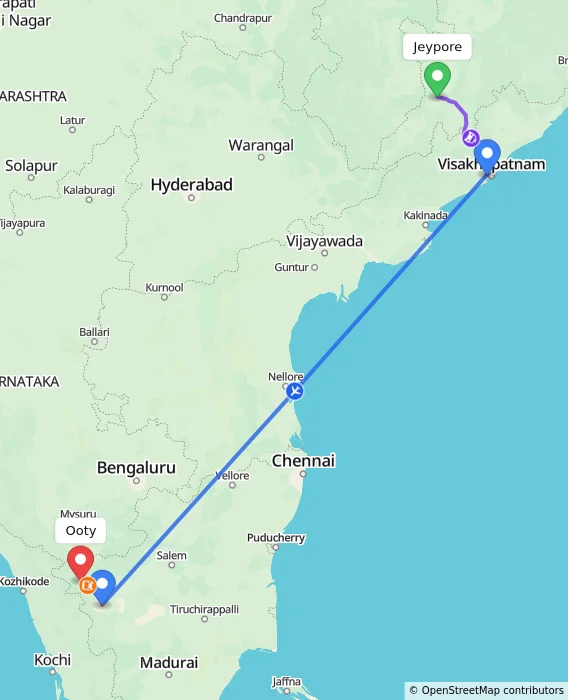 Route map showing distance and travel time from Jeypore, India to Ooty, India