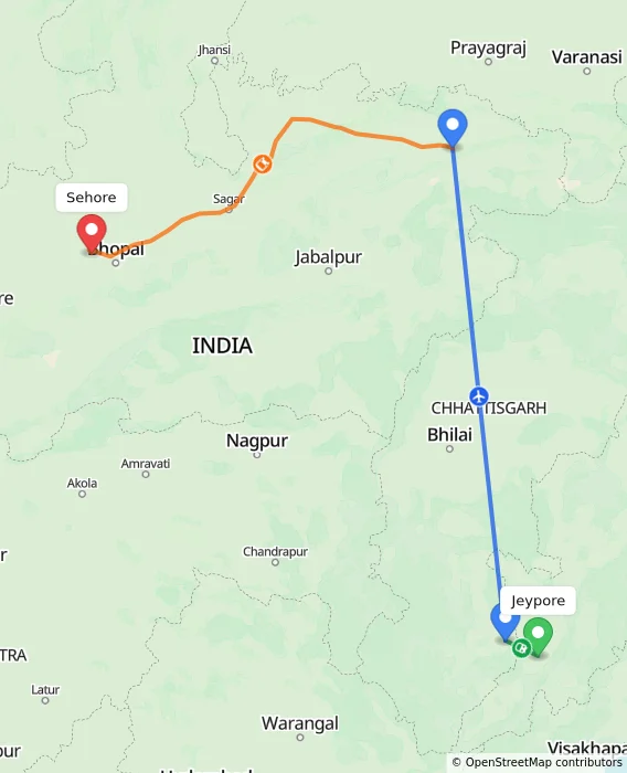 Route map showing distance and travel time from Jeypore, India to Sehore, India