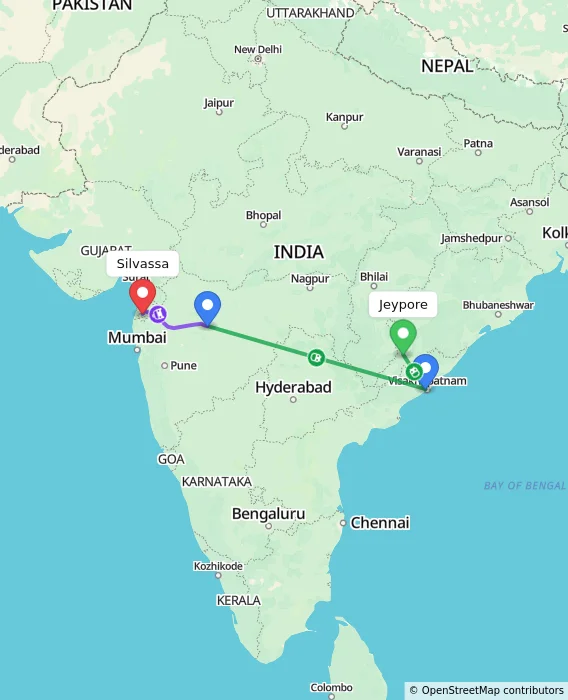 Route map showing distance and travel time from Jeypore, India to Silvassa, India