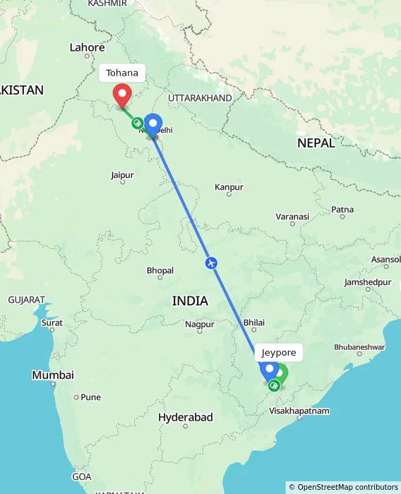 Route map showing distance and travel time from Jeypore, India to Tohana, India