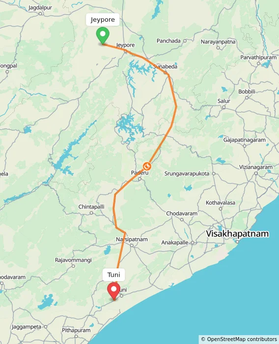 Route map showing distance and travel time from Jeypore, India to Tuni, India