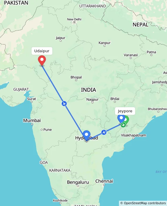 Route map showing distance and travel time from Jeypore, India to Udaipur, India