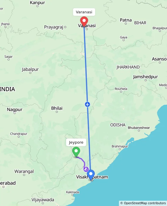 Route map showing distance and travel time from Jeypore, India to Varanasi, India