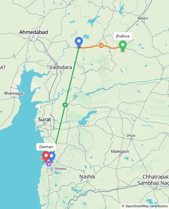 Route map showing distance and travel time from Jhabua, India to Daman, India