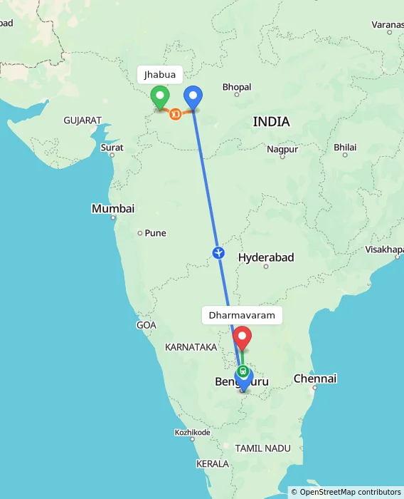 Route map showing distance and travel time from Jhabua, India to Dharmavaram, India