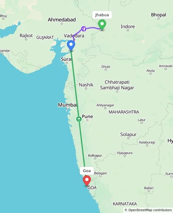 Route map showing distance and travel time from Jhabua, India to Goa, India