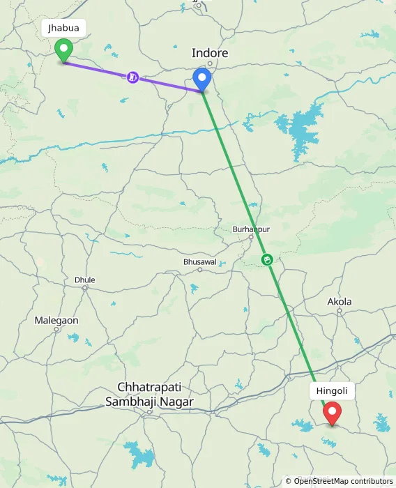 Route map showing distance and travel time from Jhabua, India to Hingoli, India
