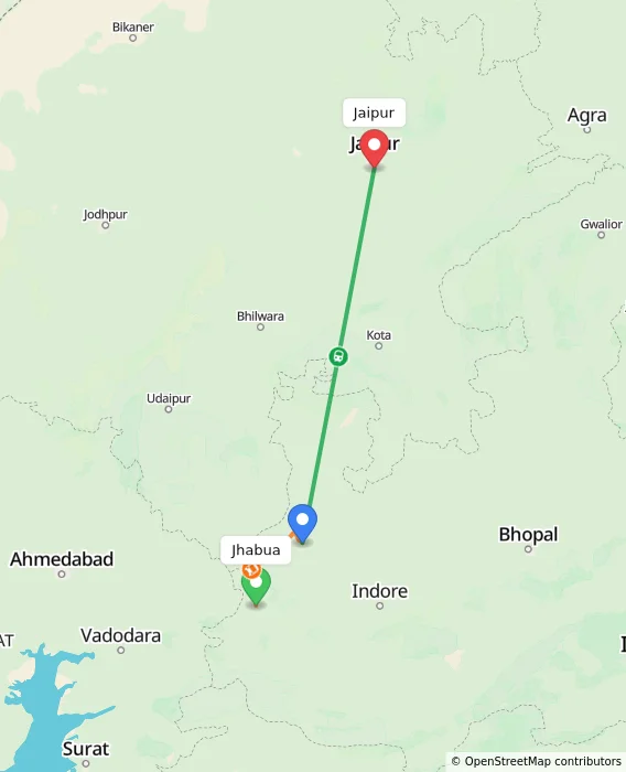 Route map showing distance and travel time from Jhabua, India to Jaipur, India