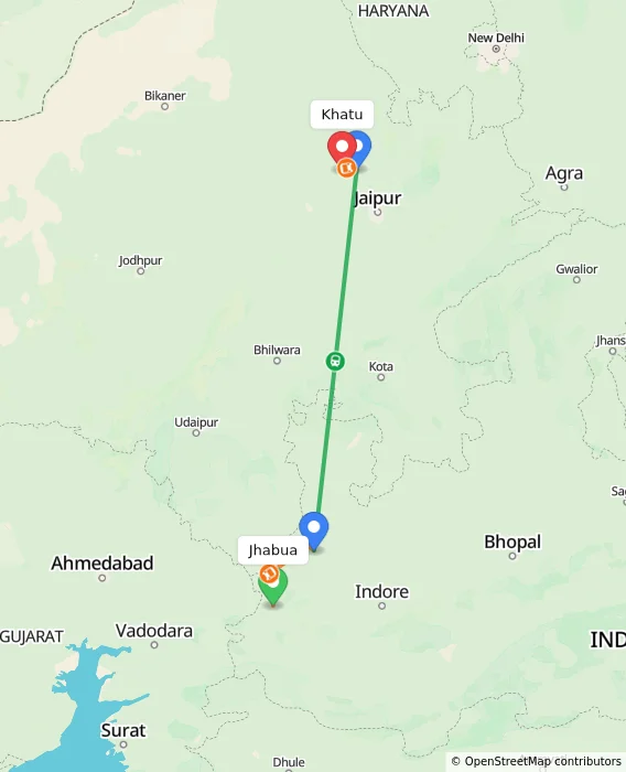 Route map showing distance and travel time from Jhabua, India to Khatu, India