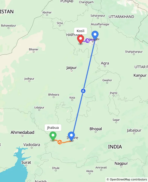 Route map showing distance and travel time from Jhabua, India to Kosli, India