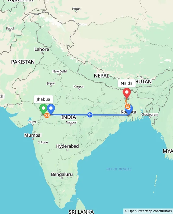Route map showing distance and travel time from Jhabua, India to Malda, India