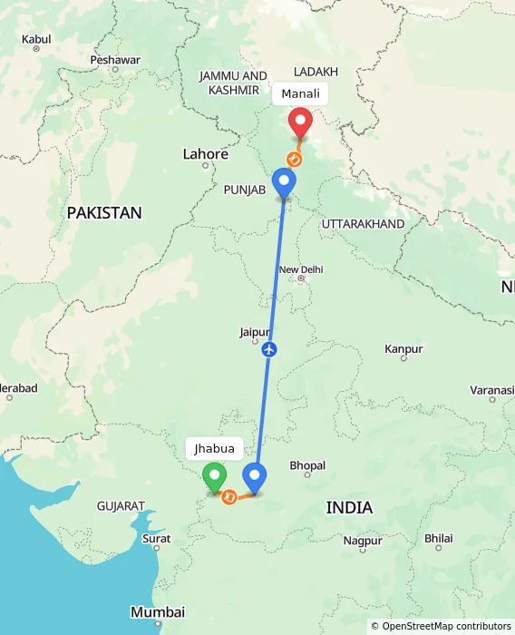 Route map showing distance and travel time from Jhabua, India to Manali, India