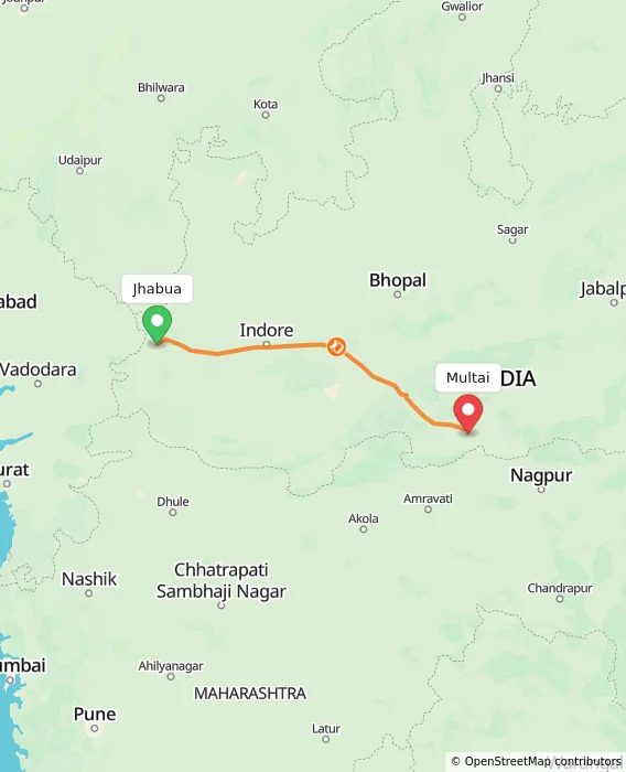 Route map showing distance and travel time from Jhabua, India to Multai, India