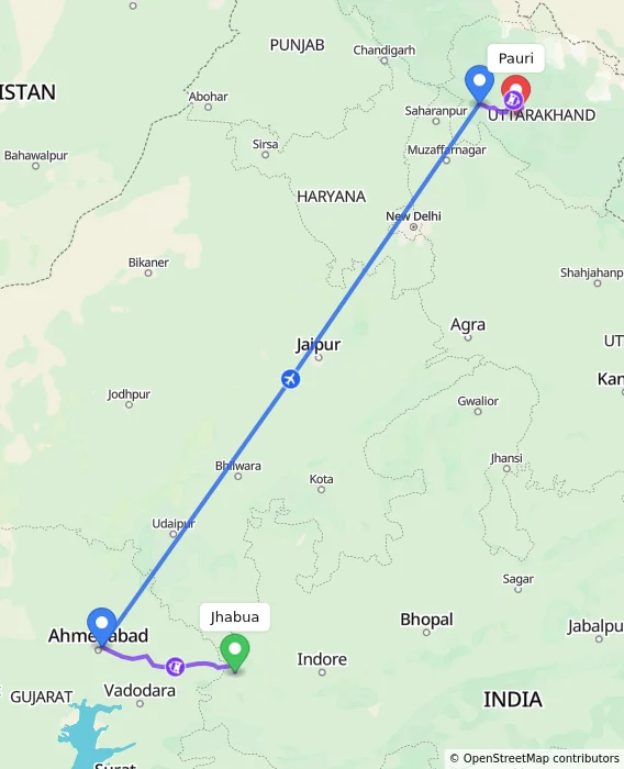 Route map showing distance and travel time from Jhabua, India to Pauri, India