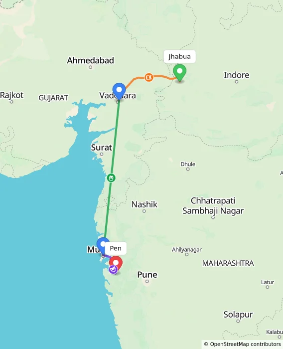 Route map showing distance and travel time from Jhabua, India to Pen, India